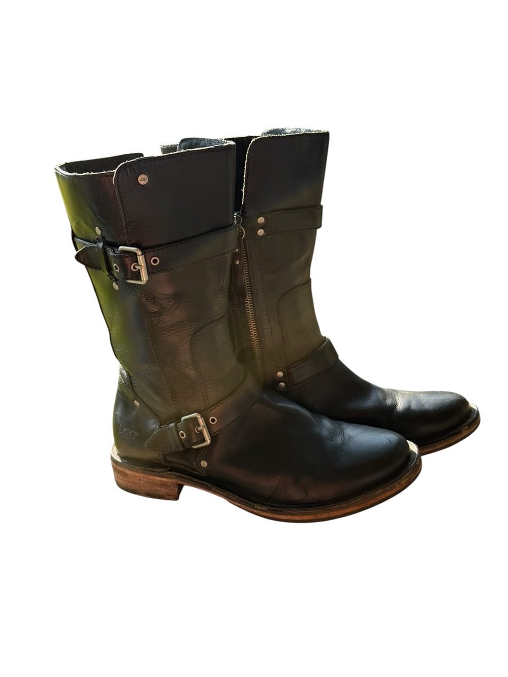 UGG Black Leather Mid-Calf Heeled Boots moto boots Sz 8 retired style from 2000